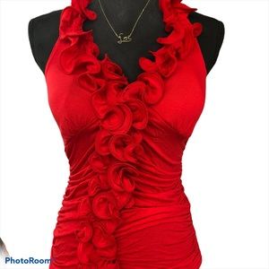 Lipstick ruffle halter tank